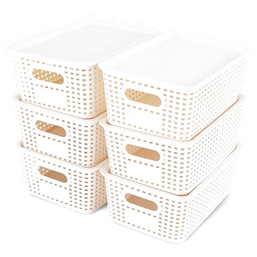 Balter-D Plastic Storage Baskets With Lid Stackable Home Storage Bins for Organizing Shelves Drawers Desktop Closet, White, 6 packs