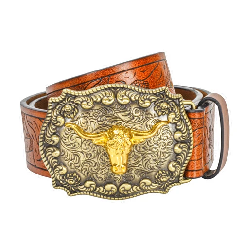 KorhLeoh Men's-Western-Leather-Buckle-Belts-Cowboy-Longhorn-Bull-Head-Buckle-Belt-Floral-Engraved-Buckle-Belt-for-Women