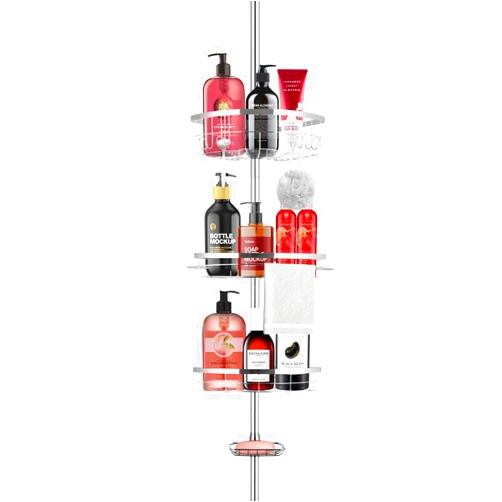 Lucalda Corner Shower Caddy Tension Pole, Stainless Steel Pole Organizer, Rustproof Shower Corner Shelf, Adjustable Shower Shelf with 4 Tier Baskets and 1 Towel Bar, 59-110 Inches, Silver