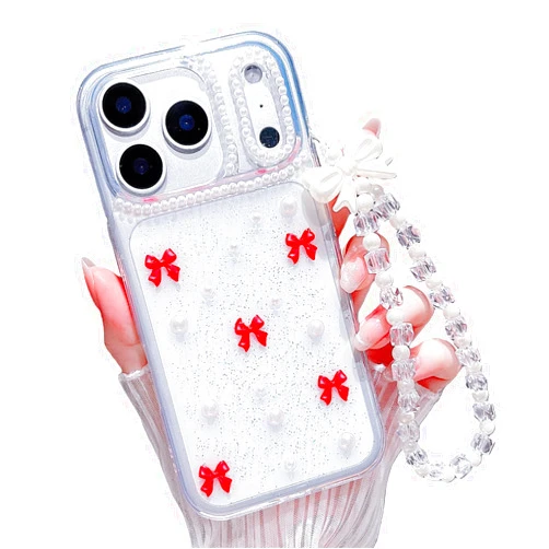 MINSCOSE for iPhone 17 Pro Max Clear Glitter Case,Cute Bow Pearl Aesthetic Girly Transparent Phone Case with Phone Charms Chain Bracelet,Soft Protective Cover for iPhone 17 Pro Max-Red