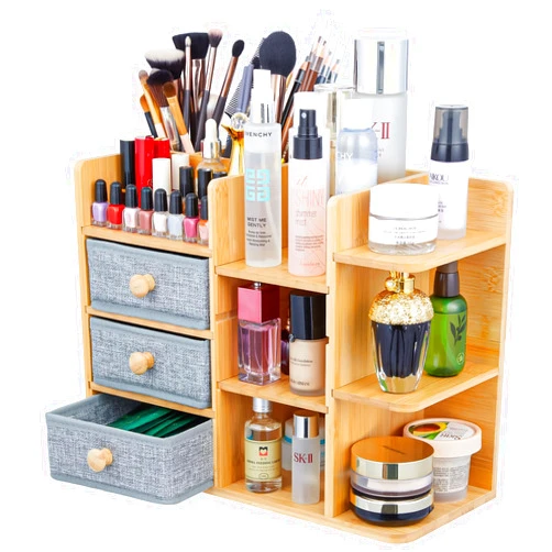 X-cosrack Makeup Organizer Countertop, Cosmetic Skincare Organizers With 3 Makeup Brush Holders/3 Drawers/7 Storage Shelves, Elegant Bamboo Make Up Storage Organizers Holder For Counter Vanity Dresser Bathroom