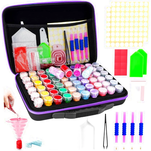 FUNDAFUL Diamond Painting Storage Containers, 60 Slots Diamond Art Accessories and Tools, Diamond Art Organizer with Diamond Painting Kits Shockproof Jars for Jewelry Beads (Purple)