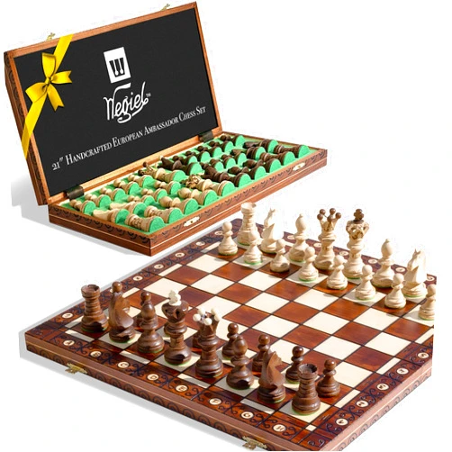 Wegiel Handmade European Ambassador Chess Set - Wooden 21 Inch Beech & Birch Board with Felt Base - Carved Hornbeam & Sycamore Wood Chess Pieces