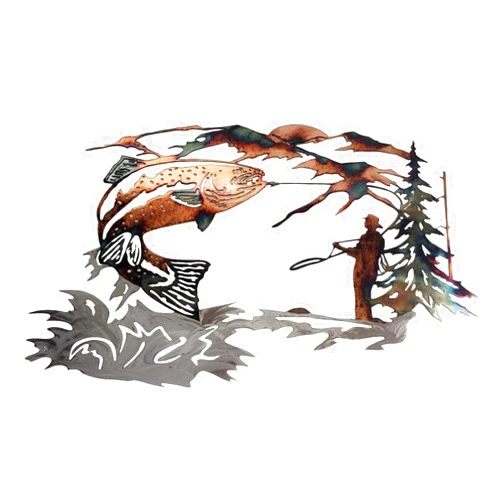 Becoler Strange Animals Serial Decor Metal Art Hollow Statue Animals Decorative Hanging Ornaments. Metal Wall Art Vivid Animal Shape Wall Decal Decoration for Home Living Room (Hunting Trout Fishing Scene)