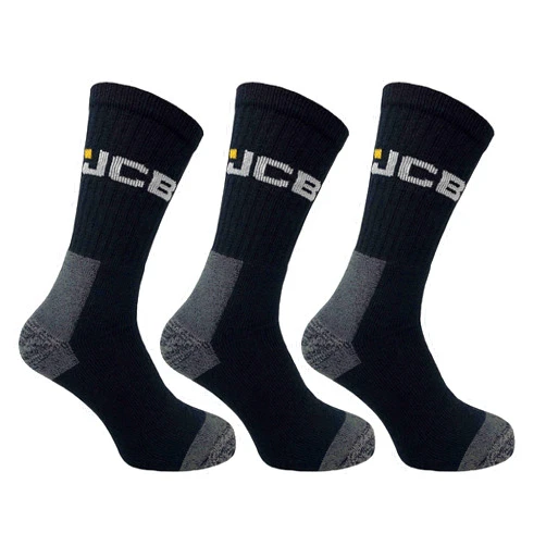 JCB - Men's Black Workwear Apparel Socks | 3 Pairs | US Size 7-12 | Boot Socks, Reinforced Socks, Terry Cushioning, Men's Black Work Boot Socks
