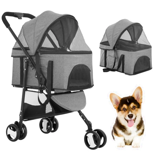 BestPet 3 Wheels Pet Stroller Dog Cat Premium 3-in-1 Multifunction Stroller for Medium Small Dogs Cats Detachable Carrier Lightweight Folding Travel Stroller,Grey