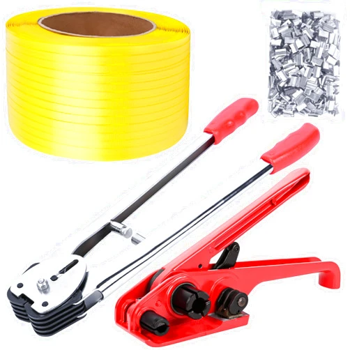 MYFAMIREA Banding Packaging Pallet Strapping Kit Poly Strapping Tensioner Tool, Banding Sealer Tool, 300 Metal Seals, 3500' Length PP Packaging Strapping Banding (Red)