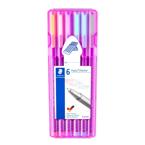 Staedtler triplus fineliner, Triangular Pens 0.3mm, Includes Easel Case for Home & Travel, 6 Pastel Colors, 334 SB6 PA