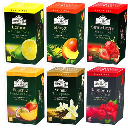 Enjoy Better Coffee Ahmad Black Tea Variety Pack with Lemon and Lime, Mango Magic, Peach and Passion Fruit, Vanilla Tranquility, Strawberry Sensation & Raspberry Indulgence, 20 bags each (Pack of 6)
