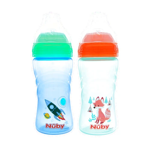 Nuby 2 Pack No Spill Printed Thirsty Kids No-Spill Sip-it Sport Cup with Soft Spout and Lid - 12oz, 12+ Months, 2 Pack, Blue Rocket & Aqua Fox