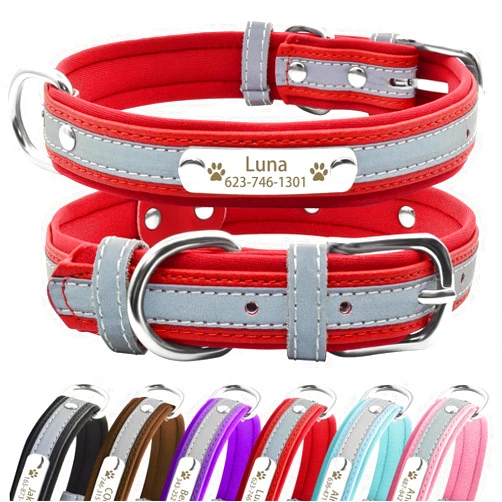 Senristar Personalized Reflective Dog Collars with Neoprene Padded,Custom Engraved Dog Collar with Name Plate for Small Medium Large Dogs (XS,Red)
