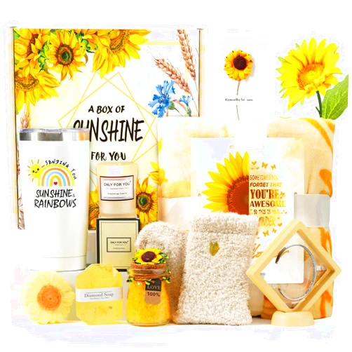 Mikimoony Sending Sunflower Gifts, Sunshine Gifts for Women, Care Package, Birthday Gifts Box, Unique Holiday Gifts Basket with Inspirational Blanket Candle for Women, Her, Mom, Wife, Sister,Teacher