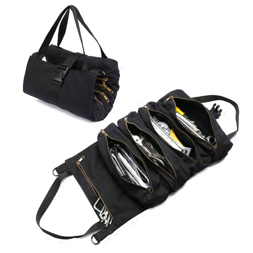 QCWN Tool Roll Bag,Large Wrench Roll,Big Tool Roll Up Bag,Wrench Organizer with 5 Zipper Tool Bags,Tool Organizer Bucket,Tool Roll Up Pouch,Car Seat Back Organizer Tool Pouch Sling-Gift For Men (Black)