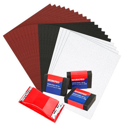 WORKPRO Sandpaper Pack of 24, 80-600 Assorted Grit with Holder, Sand Sponges 40/80/120 Grit, 9x11 Inch Alumina Sand Paper for Wood Furniture Finishing, Metal Sanding, Paint Finishing