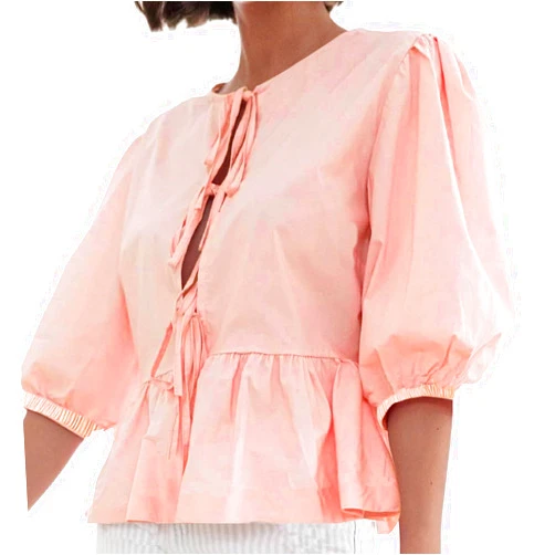 Bawilom Womens Bow Tie Front Shirts Peplum Blouses Babydoll Tees Cute Puff Sleeve Ruffle Hem Going Out Tops Y2K Streetwear