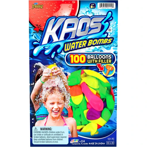 KAOS Water Balloon 100 pcs per Pack w/Hose Nozzle (1 Pack) Assorted Colored Balloons for Kids & Adult. Quick & Easy Fill Latex Water Bomb. Fun Outdoor Splash Summer Games. Bulk Party Favors. 114-1