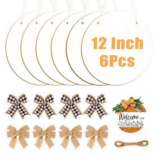 DIYDEC 6 Pack Round Wood for Crafts 12 Inch Unfinished Wood Slices Blank Wooden Door Hanger Sign Wooden Circles Discs with Bows Twine Glue Point for DIY Crafts Painting Christmas Home Holiday Decor