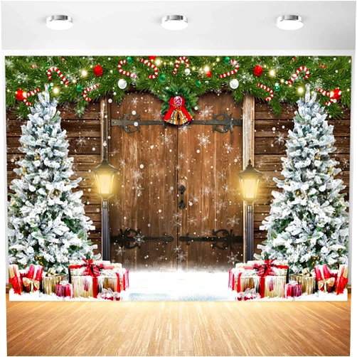 Tranhiafe 9x6ft Christmas Backdrop Winter Snow Xmas Tree Rustic Wood Barn Door Photography Background Xmas Theme Party Banner Decorations Supplies Photo Booth Props