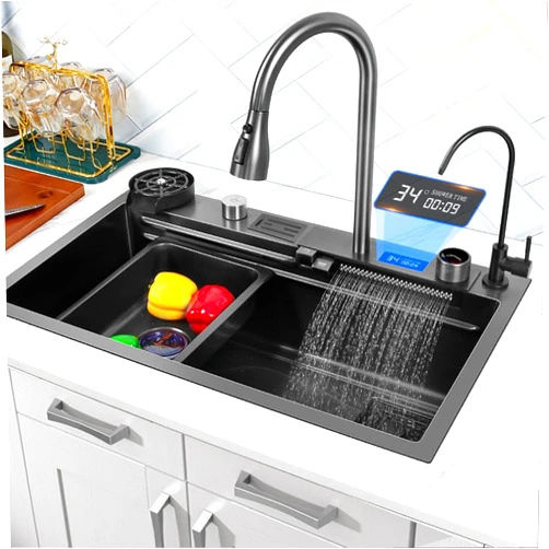 OACEVOZ Kitchen Sink with Sink Strainer、Sink Accessories, Single Bowl Kichen Sink with Faucet Combo, Drop-in Or Undermount Installation Black Waterfall Sink 31.5 * 17.7inch… (31.5)