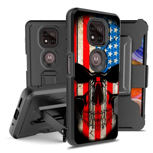 BEYOND CELL Compatible with Moto G Power 2021 Armor Kombo Kickstand Case with Belt Clip Holster, Hybrid Rugged Heavy Duty Shockproof Drop Protection Us Flag Skull 2