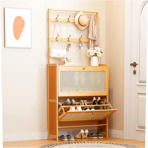 LURIVA Bamboo Shoe Cabinet with Hanging Rack, 2 Breathable Flip Drawers, Shoe Storage Cabinet, Shoe Rack Shoe Organizer for Entryway, Rattan Home Style, 60