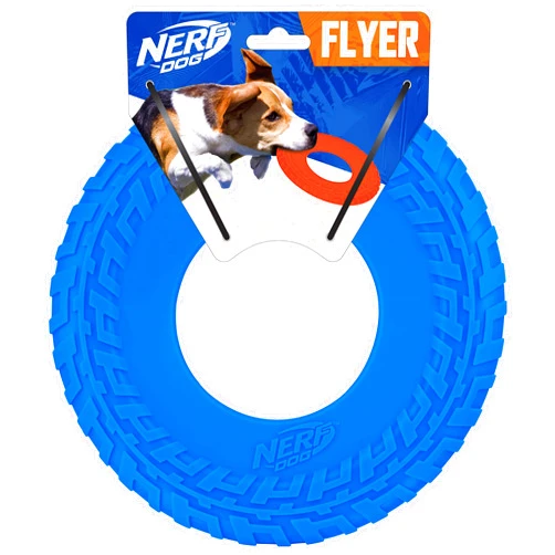 Nerf Dog Rubber Tire Flyer Dog Toy, Flying Disc, Lightweight, Durable, Floats in Water, Great for Beach and Pool, 10 Inch Diameter, for Medium/Large Breeds, Single Unit, Blue, original