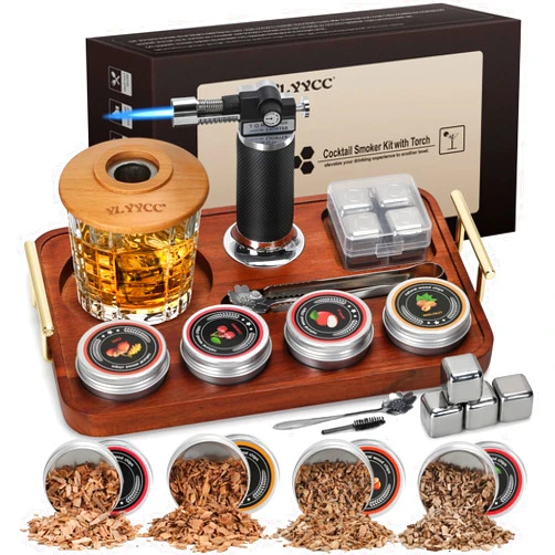 YLYYCC Cocktail Smoker Kit with Torch, Whiskey Smoker Kit with 4 Flavors Wood Chips, 4 Whiskey Stones and Wooden Stand, Old Fashioned Drink Smoker for Bourbon, Whiskey Smoker Gifts for Men, Dad