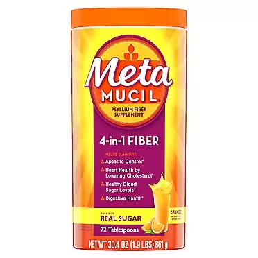 Metamucil Fiber, 4-in-1 Psyllium Fiber Supplement Powder with Real Sugar, Orange Smooth Flavored Drink, 72 Servings (Packaging May Vary), Coarse Texture, 1.9 Pound (Pack of 1)