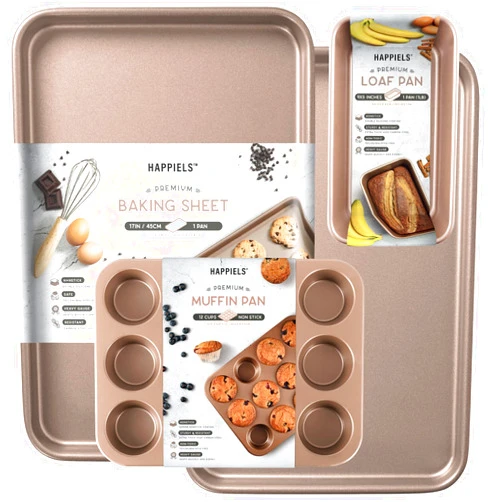 HAPPIELS Premium PFOA free Nonstick Baking Pans Bundle of 4 items: 13 x 18 inch Half Baking Sheet Set of 2, 5 x 9 inch Loaf Bread Pan, 9 x 13 inches Cake Baking Pan
