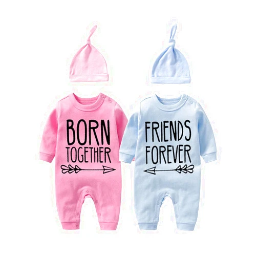 YSCULBUTOL Baby Twins Bodysuit with hat Born Together Friend Forever Baby boy Clothes Toddler Girl Clothes