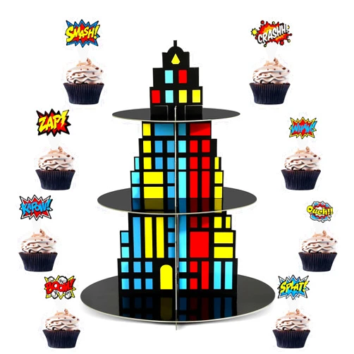 Naozinebi 3 Tier Super Themed Hero Cupcake Stand with 24 Cake Toppers City Skyscraper Birthday Party Decoration Dessert Cardboard Stand Super Themed Hero Cupcake Holder Tower for Boys Baby Shower Supplies