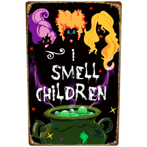 Yuleglowix I Smell Children Witch Decor,12 x 8In Halloween Tin Sign Hocus Pocus Printed Metal Halloween Witch Retro Wall Art Decorations Iron Plaque Sign for Welcome Holiday Home Club Bar Garage Wall Door Decor