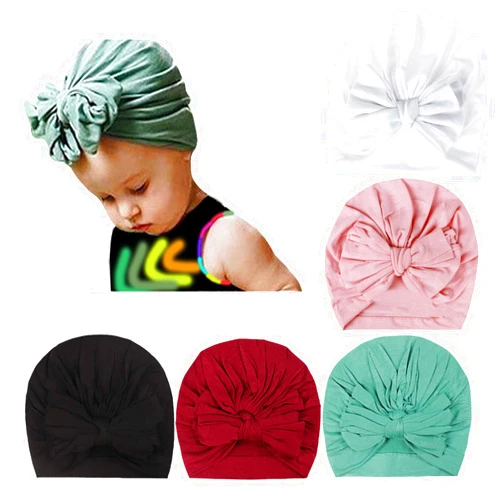 DRESHOW BQUBO 5 Pieces Newborn Baby Turban Hats Bow Baby Infant Beanie Breathable Toddler Cap for Baby Girls 3-12 Months