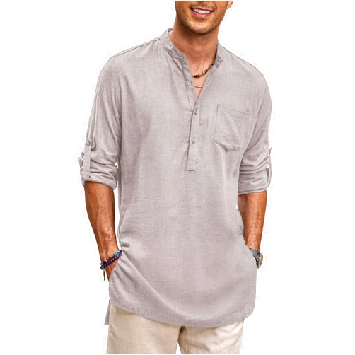 COOFANDY Men's Linen Henley Shirts Long Sleeve Collarless T-Shirts Longline Kurta Beach Shirts with Pocket