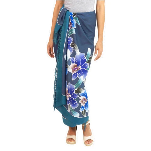 NOVICA Green Teal Batik Rayon Sarong Beach Swimsuit Cover Up, 'Spring Cattleya'
