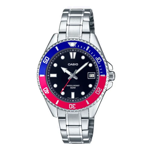 Casio MDV10D-1A3V Unisex Dive Inspired 38 mm Stainless Steel Black Dial Sports Watch (Red/Blue)