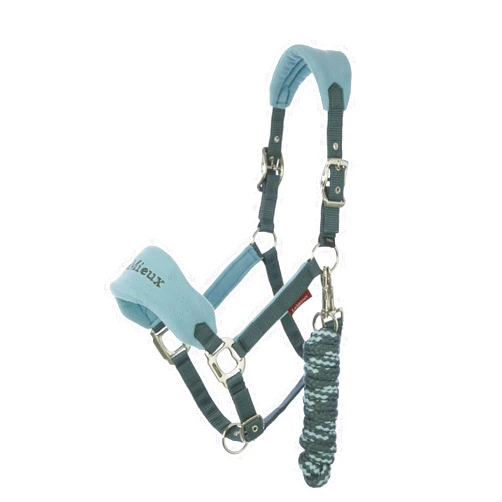 LeMieux Vogue Halter - Fleece Lining - Coordinating Leadrope for Horse Tack - Durable Nylon Webbing - Adjustable Points - Double Pin Buckle - Machine Washable and Easy to Care for - Petrol