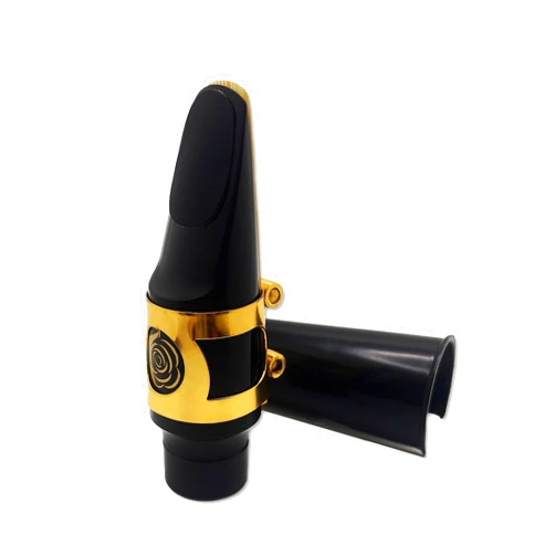 Plum Rose Publishing LLC Alto Saxophone Mouthpiece Kit with Ligature, One Reed, and Plastic Cap (Black with Gold Ligature 4C) for Sax in the key of Eb