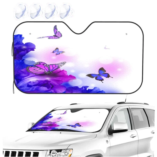 IRIHISKY Windshield Sun Shade Purple White Flower Butterfly Hydrangeas Front Window Sunshade Cover for Car Truck SUV Blocks UV Rays Automotive Visor Interior Protector