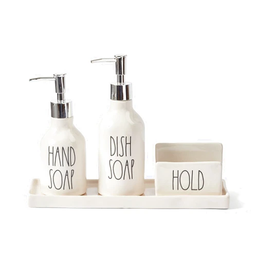 Rae Dunn by Magenta Rae Dunn Kitchen-Sink Soap Dispenser Set, Hand Soap and Dish Soap Dispenser for Kitchen with Sponge Holder and Tray