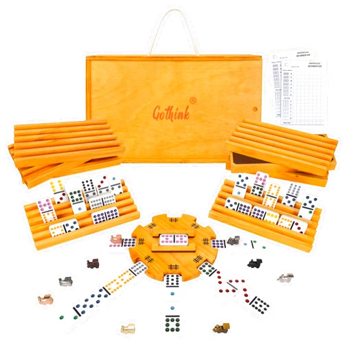 GOTHINK Mexican Train Dominoes Set, Double 12 Dominos Set for Kids Adults and Family, Dominoes Tile Board Game with Tiles Holders*8, Colorful Metal Trains*9, Wooden Hub, Scoreboards*2, Wooden Case