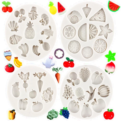 MYPRACS Vegetable Fruit Silicone Mold Radish Tomato Eggplant Cabbage Strawberry Watermelon Banana Chocolate Fondant Mold For Cake Decoration Cupcake Topper Candy Polymer Clay Gum Paste Set Of 4