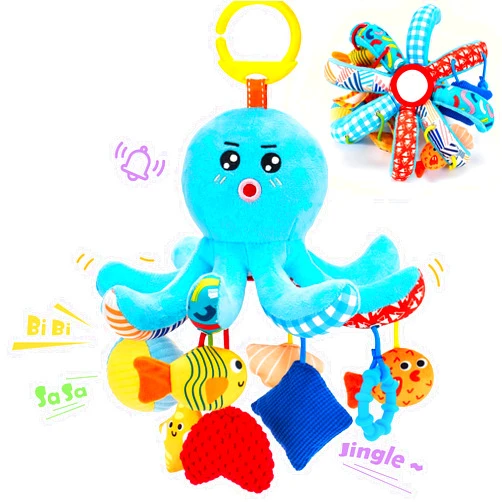 hahaland Baby Toys 0-6 Months - Car Seat Toys Octopus Toy with Pulling Cords, Squeaky, Crinkle, Rattle, Mirror - Montessori Developmental Newborn Sensory Stroller Toy 2 3 4 Month Babies Gifts