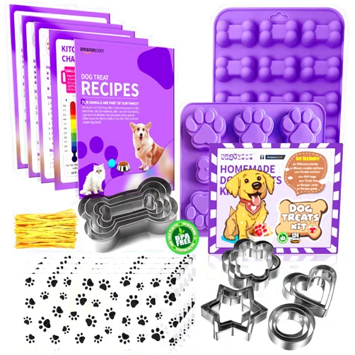 RUGVOMWM 123 Pcs Homemade Dog Treat Molds & Cutters, Including 2 Silicone Dog Molds, 5+12 Cookie Cutters, 4 Recipe Cards, 50 Treat Bags & 50 Gold Twist Ties