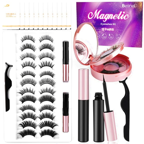 BESNEL Magnetic Eyelashes,12 Pairs Premium 3D 5D Different Density Magnetic Eyelashes Kit with 1 Lash Extension Tweezers for Women Girls Natural Look,Reusable,Easy to Wear,No Glue Needed