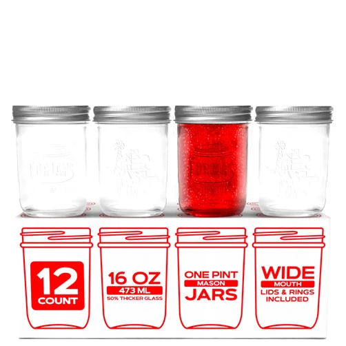 FORJARS® Premium Mason Jars with Lids – 16oz | Wide Mouth Canning Jars | 12-Pack Glass Jars for Jam, Jelly, Pickling, Food Storage, Freezer Safe, Airtight Bulk Set