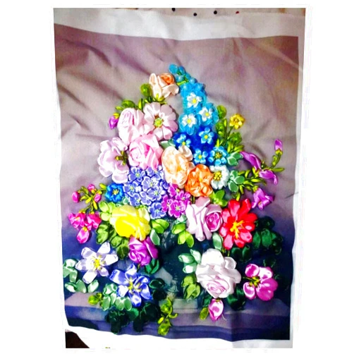 Egoshop Ribbon Embroidery Kit Europe Flowers in Vase DIY Wall Decor Needle Work 3D Painting Embroidery Fabric, Size 19.7