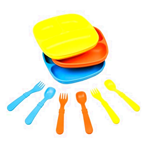 Re-Play Made in USA - 3 Meals a Day Set - 3 Divided Plates, 3 Sets of Utensils - BPA Free, Made from Environmentally Friendly Recycled Milk Jugs - Spring without Bowls