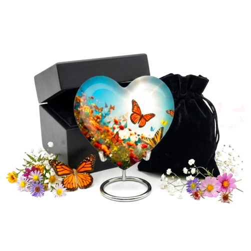 VINTAGE VOGUE Butterfly Remembrance Heart Keepsake Urn for Human Ashes – Handcrafted Memorial Cremation Urn with Silver Display Stand, Small Heart-Shaped Keepsake for Women, Men, Baby & Pets