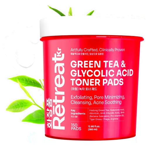 RETREAT KR Glycolic Acid & Green Tea Toner Pads with Centella Asiatica, VIT B5, AHA BHA, 150 Exfoliating Pads, Dual Texture, Exfoliates Surface Skin and Reduces Fine Lines & Wrinkles, Brightens, Minimizes Pores